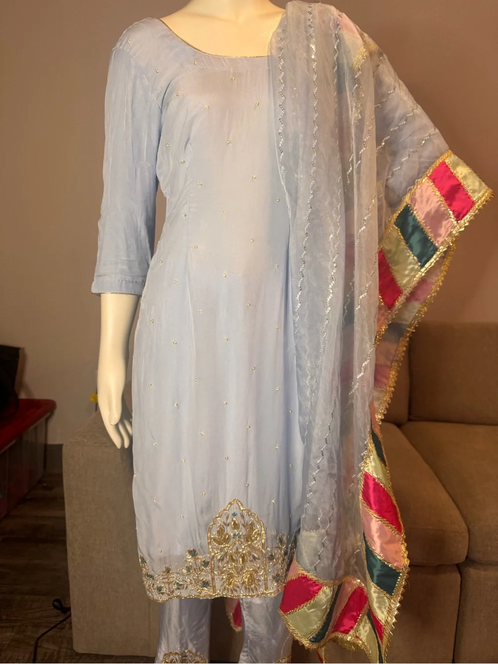 Light Blue Embroidered Salwar Kameez with Multi-Color Border Dupatta Small - Picture 4 of 6